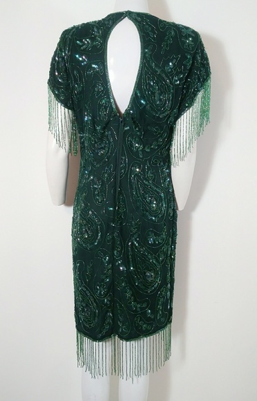 ❄️ Vintage bead flapper fringe silk emerald dress - Picture 7 of 8